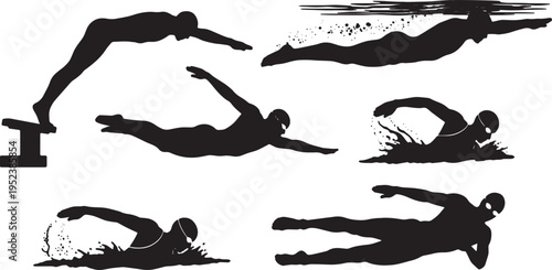 Black Solid Competitive Pool Swimmer Silhouettes Set of Six on White Background