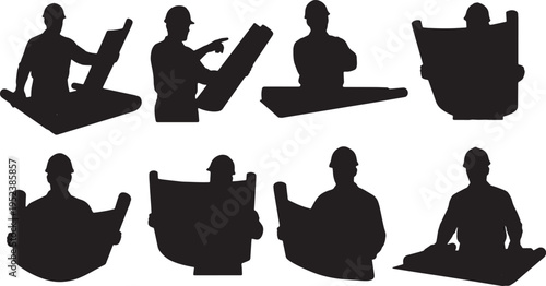 Black Solid Construction Workers Blueprints Silhouettes Set of Six on White Background
