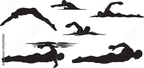 Black Solid Competitive Pool Swimmer Silhouettes Set of Six on White Background
