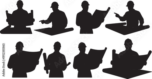 Black Solid Construction Workers Blueprints Silhouettes Set of Six on White Background
