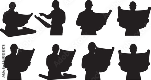 Black Solid Construction Workers Blueprints Silhouettes Set of Six on White Background