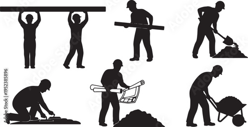 Black Solid Construction Worker Site Silhouettes Set of Six on White Background
