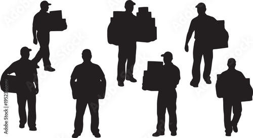 Black Solid Courier Delivery Driver Silhouettes Set of Six on White Background