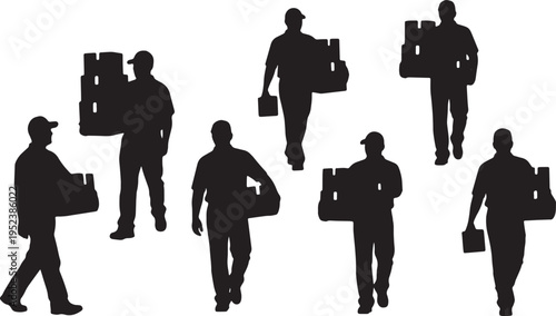 Black Solid Courier Delivery Driver Silhouettes Set of Six on White Background