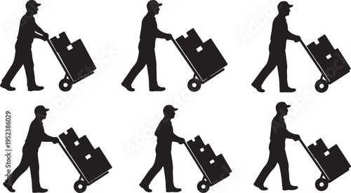 Black Solid Courier Drivers Pushing Trucks Silhouettes Set of Six on White Background