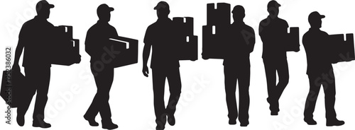 Black Solid Courier Delivery Driver Silhouettes Set of Six on White Background