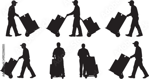 Black Solid Courier Drivers Pushing Trucks Silhouettes Set of Six on White Background