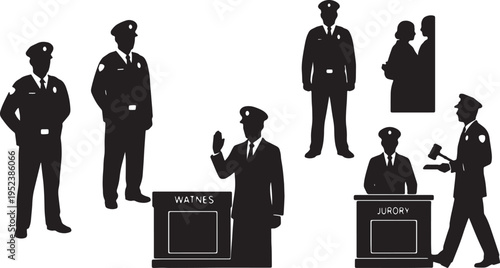 Black Solid Courtroom Bailiff Officer Silhouettes Set of Six on White Background