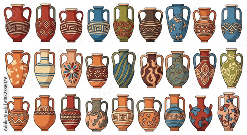 A visually rich collection of diverse traditional ceramic vessels, each adorned with unique patterns and ancient cultural motifs, embodying timeless artistry and craftsmanship