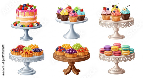 Collection of delectable baked goods including cakes, cupcakes, tarts, and macarons displayed on tiered stands and cake plates, perfect for celebrations and sweet treats