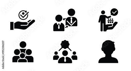 Set of 6 black vector business and human resources icons, including teamwork, management, employee, and approval concepts for professional design projects