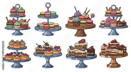 A delightful assortment of colorful cupcakes, macarons, and cakes beautifully displayed on tiered stands, perfect for celebrations and sweet treats