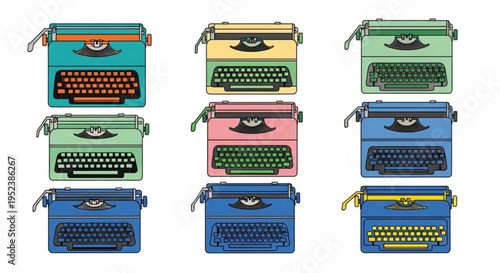 Vibrant Collection of Vintage Typewriters - Retro Office Equipment and Writing Machines Set for Creative Communication Concepts