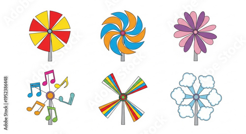 Set of colorful pinwheels with musical notes and cloud shapes on a white background