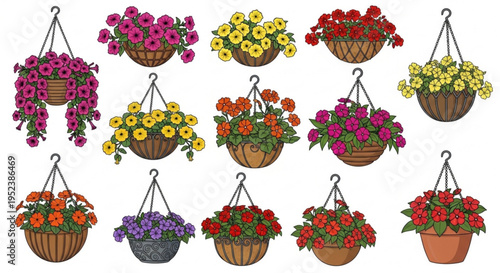 Vibrant Assortment of Hanging Flower Baskets Illustrations Showcasing Diverse Blooms and Lush Greenery, Perfect for Enhancing Garden Decor and Springtime Designs