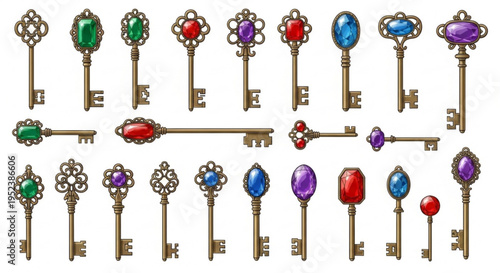Collection of antique and ornate keys with jewel-like decorations, symbolizing secrets, access, and treasure