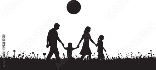 Family Silhouette Walking in Flower Field Design Vector Illustration