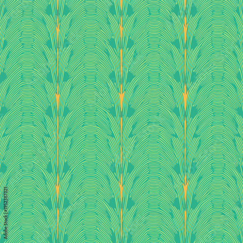 Elegant green art deco seamless pattern with abstract geometric arch scales for vintage luxury wallpapers 1920s style decor and sophisticated textiles.