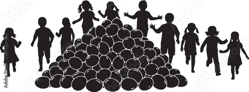 Children Running Around Easter Egg Pile Silhouette Vector Illustration