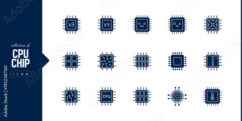 Advanced CPU chip icon set featuring microchip processor circuit board technology symbols for computing hardware electronics digital engineering and semiconductor design applications