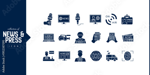 Professional news and press icon collection including journalist microphone interview media reporting broadcasting journalism communication and newsroom editorial symbols