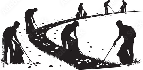 Community Service Litter Cleanup Silhouette Graphic Vector Illustration