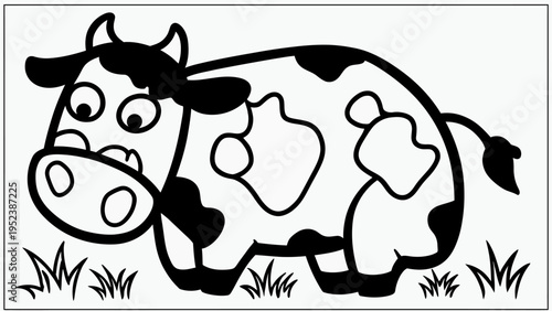 Black and white cartoon illustration of a cute spotted cow standing in a grassy meadow with flowers for farm and dairy concepts in doodle style.