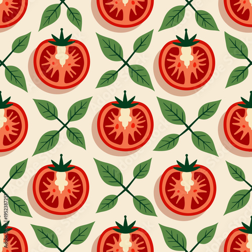 Seamless geometric pattern with sliced red tomatoes and green basil leaves for italian cuisine restaurant menus healthy food packaging and textiles.