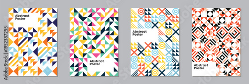 Set of Colorful Geometric Patterns Poster Set. Modern Abstract Shapes Background Collection. Grid with color geometrical Modern promotional flyer vector illustration