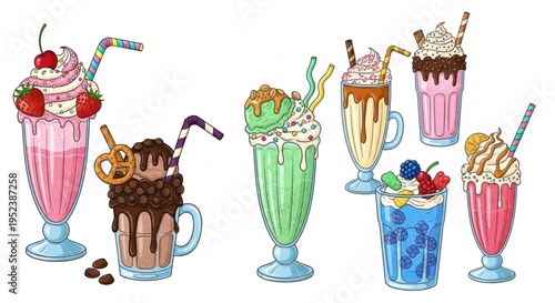 Collection of delicious and colorful milkshakes with various toppings and garnishes