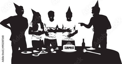 People Celebrating Surprise Birthday Party Silhouette Vector Illustration