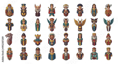 Collection of fantasy and historical pixel art character avatars featuring kings, queens, warriors, and mystical figures, ideal for retro game design, medieval themes, or nostalgic digital projects