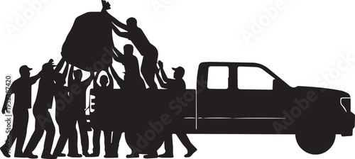Teamwork Men Lifting Heavy Load onto Pickup Truck Vector Illustration
