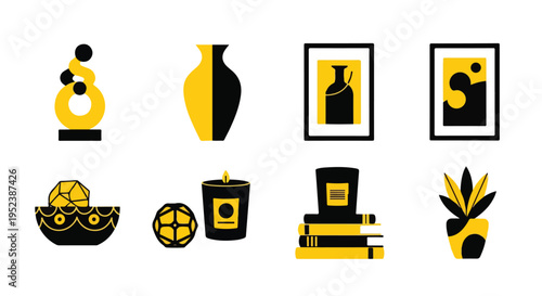 Set of 8 yellow and black home decor icons vector
