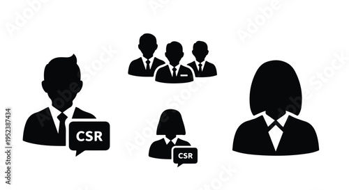 Set of 5 black silhouette business people icons vector, including male and female corporate social responsibility (CSR) concept illustrations for company ethics and teamwork