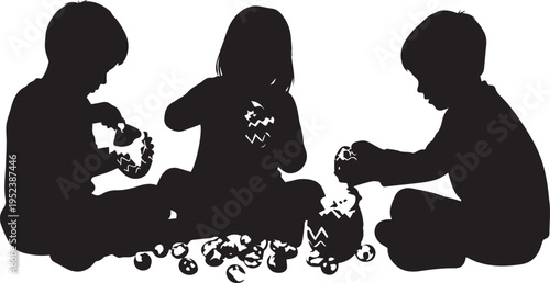 Children Opening Colorful Easter Eggs Silhouette Holiday Illustration