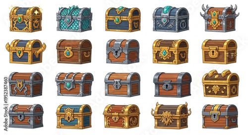 Collection of pixel art game treasure chests with ornate designs and embellishments