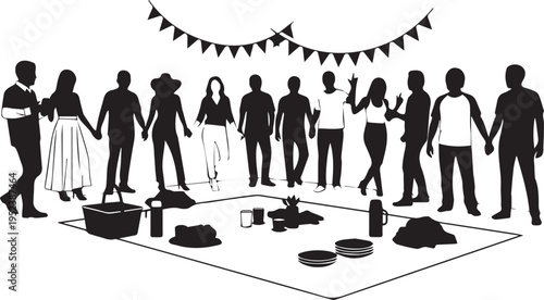 People Picnic Party Silhouette Vector Celebration Illustration Set