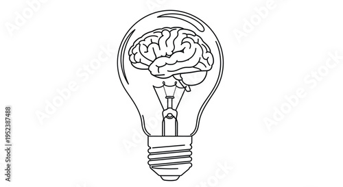 A line drawing depicts a human brain contained within a lightbulb