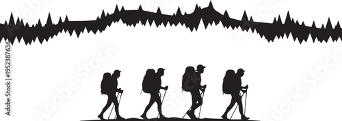 Group of Hikers Silhouette Mountain Forest Landscape Vector Illustration