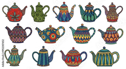 Vibrant Collection of Ornate Teapots, Showcasing Intricate Patterns and Diverse Cultural Designs