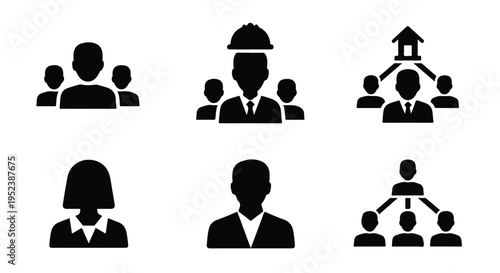 Set of 6 black glyph vector icons representing business people, team, management, and organization hierarchy for corporate websites and presentations