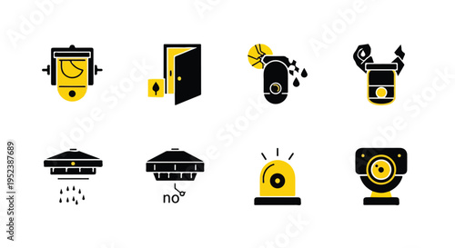Set of 8 security icons vector, black and yellow