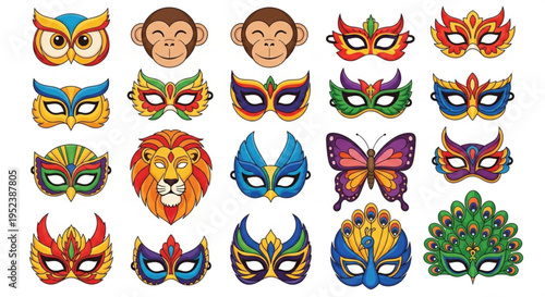Vibrant Collection of Cartoon Carnival and Masquerade Masks Featuring Owls, Monkeys, Lions, Butterflies, Peacocks, and Ornate Designs, Perfect for Parties and Celebrations