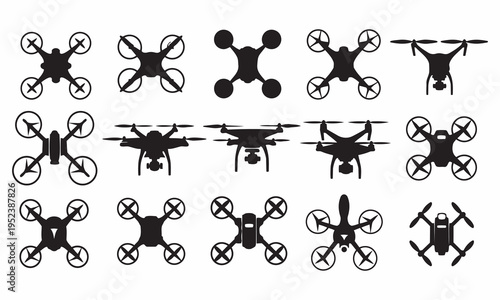 Drone icon set - collection of various quadcopter and uav silhouettes for technology and aviation with white background