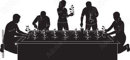 People Planting Garden Silhouette Community Project Vector Illustration