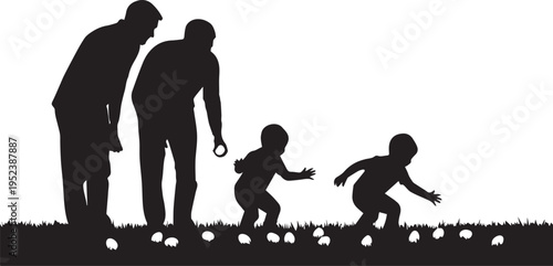 Family Easter Egg Hunt Silhouette Outdoor Activity Vector Illustration