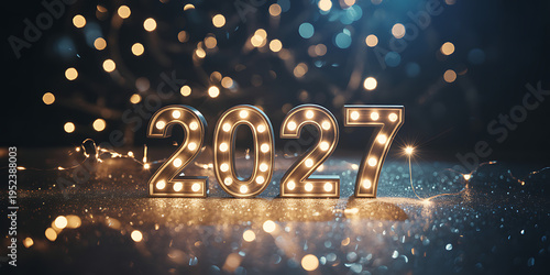 Glamorous 2027 Marquee Lights on a Sparkling Glitter Surface with Festive Gold and Blue Bokeh Background for New Year's Eve Celebration