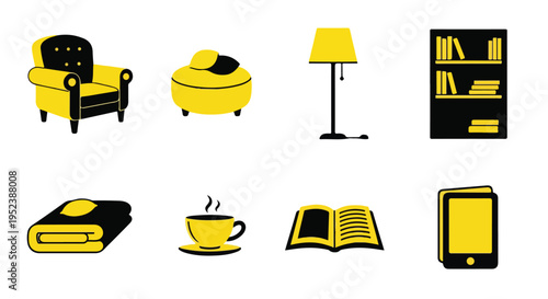 Set of 7 home office icons vector, yellow and black