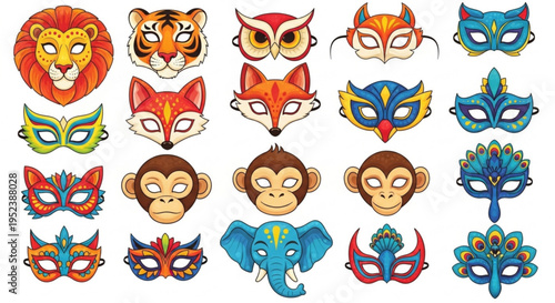 A diverse collection of colorful animal and ornate decorative masks, ideal for masquerade balls, carnival celebrations, and costume parties, bringing mystery and joy to festive events